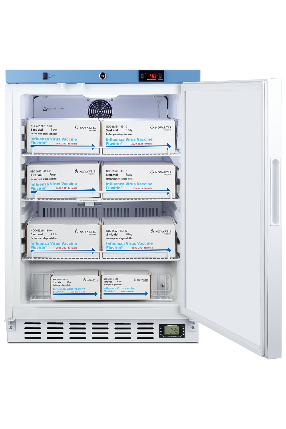 Built-In healthcare all-refrigerator with self-closing door, front lock, digital controls, and external temperature readout